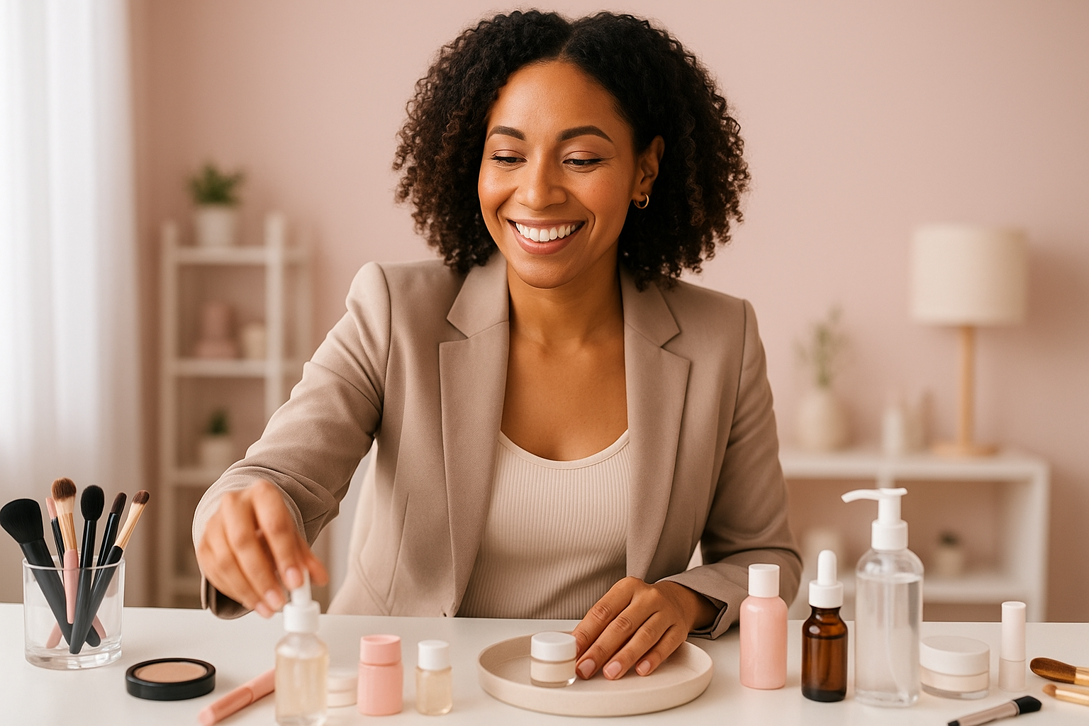 mujer feliz emprendiendo en beauty